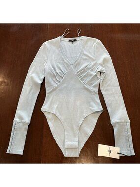 NWT 7 For All Mankind Baby Blue Long Sleeve Bodysuit Womens Size Small